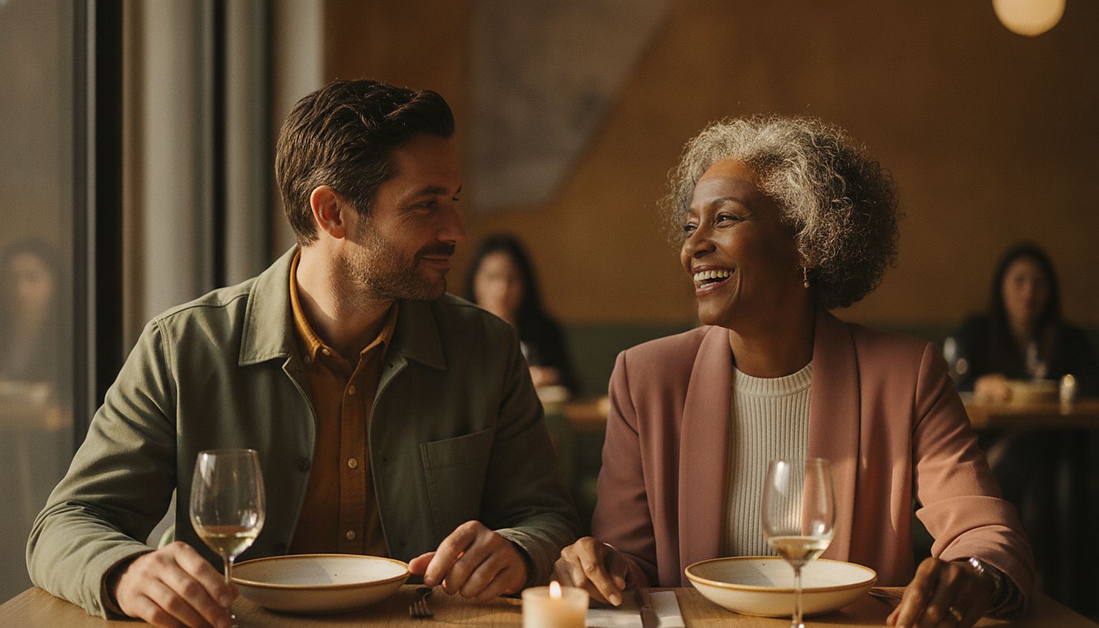 An older woman and her younger partner laughing together over dinner